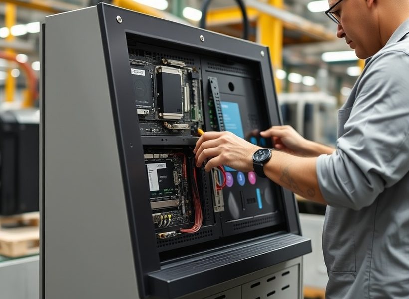 Dispenser module of a self-service terminal on a test bench